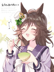Rule 34 | 1girl, ahoge, animal ears, blush, bow, bowl, brown hair, chopsticks, closed eyes, commentary request, eighth note, hair between eyes, hat, heart, heart in mouth, highres, holding, holding bowl, holding chopsticks, horse ears, long hair, mini hat, mini top hat, mr. c.b. (umamusume), musical note, open mouth, purple shirt, sailor collar, school uniform, shirt, simple background, smile, solo, star (symbol), tetora (oudonoishiize), tilted headwear, top hat, tracen school uniform, translation request, umamusume, white background, white bow, white hat