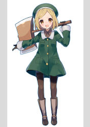 Rule 34 | 1girl, :d, axe, bad id, bad pixiv id, beret, blonde hair, blush, boots, brown eyes, brown footwear, brown gloves, brown pantyhose, brown shirt, buttons, coat, collared shirt, fate/grand order, fate (series), full body, gloves, green coat, green hat, grey background, hand up, hat, head tilt, highres, holding, holding axe, ikeuchi tanuma, long sleeves, looking at viewer, open mouth, over shoulder, pantyhose, paul bunyan (fate), pocket, shirt, shoes, short hair, smile, solo, standing, two-tone background, weapon, weapon over shoulder, white background