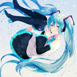 Rule 34 | 1girl, achiki, aqua nails, aqua necktie, bad id, bad twitter id, bare shoulders, black footwear, black skirt, blue eyes, blue hair, blush, boots, closed mouth, collared shirt, detached sleeves, fetal position, from side, grey background, grey shirt, hair between eyes, hair ornament, hatsune miku, headphones, long hair, long sleeves, looking at viewer, looking to the side, miniskirt, nail polish, necktie, pleated skirt, shirt, sidelocks, skirt, sleeves past wrists, smile, solo, star (symbol), starry background, steepled fingers, thigh boots, thighhighs, twintails, very long hair, vocaloid, wide sleeves