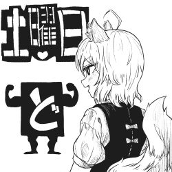 Rule 34 | 1girl, ahoge, animal ear fluff, animal ears, blush, commentary request, cookie (touhou), fang, fox ears, fox girl, fox tail, greyscale, highres, looking at another, medium hair, miramikaru riran, monochrome, open mouth, psychic parrot, shirt, short sleeves, smile, solo, tail, translation request, upper body, vest