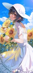 Rule 34 | 1girl, black hair, blue sky, brown eyes, commentary request, day, dress, flower, hat, highres, idolmaster, idolmaster shiny colors, long dress, looking at viewer, looking to the side, medium hair, morino rinze, outdoors, sakatsuki yakumo, short sleeves, sky, summer, sun hat, sundress, sunflower, white dress