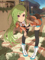 Rule 34 | 1girl, ahoge, bent over, black thighhighs, boots, breasts, cleavage, female focus, full body, green hair, highres, legs, long hair, nature, nayu, original, outdoors, pink eyes, sky, smile, solo, thighhighs