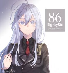 Rule 34 | 1girl, 86 -eightysix-, ahoge, black jacket, black shirt, character name, closed mouth, collared shirt, commentary, copyright name, eyelashes, floating hair, grey eyes, hair between eyes, highres, jacket, long hair, long sleeves, looking at viewer, military, military uniform, necktie, red necktie, shanabi0610, shirt, signature, silver hair, smile, solo, straight hair, twitter username, uniform, upper body, very long hair, vladilena millize, watermark, white background, wing collar
