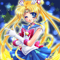 Rule 34 | 1990s (style), 1girl, bishoujo senshi sailor moon, blonde hair, blue background, blue sailor collar, blue skirt, bow, brooch, choker, double bun, elbow gloves, gloves, hair ornament, hairpin, jewelry, long hair, lowres, magical girl, one eye closed, red bow, ribbon, sailor collar, sailor moon, shirataki kaiseki, skirt, smile, solo, star (symbol), starry background, tsuki ni kawatte oshioki yo, tsukino usagi, twintails, white gloves, wink