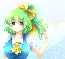 Rule 34 | 1girl, bad id, bad pixiv id, blue eyes, blush, bow, breasts, daiyousei, green eyes, green hair, hair bow, kazusa919329, large breasts, ribbon, short hair, short sleeves, side ponytail, smile, touhou, upper body, vest, wings