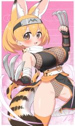 Rule 34 | 1girl, animal ears, arm guards, blonde hair, blush, bodysuit, breasts, claw (weapon), claws, elbow gloves, extra ears, fingerless gloves, fishnet bodysuit, fishnets, forehead protector, gloves, groin tendon, highres, kemono friends, large breasts, looking at viewer, ninja, pelvic curtain, ransusan, scarf, serval (kemono friends), short hair, sleeveless, smile, solo, tail, thighhighs, weapon