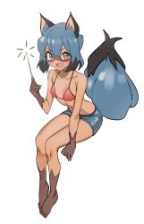 Rule 34 | 1girl, absurdres, animal ears, barefoot, bikini, bikini top only, blue hair, body fur, brand new animal, breasts, candle, claws, dark-skinned female, dark skin, fang, fingernails, furry, furry female, green eyes, highres, holding, holding candle, invisible chair, kagemori michiru, kiritzugu, leaning forward, multicolored eyes, nail polish, navel, open mouth, pink eyes, raccoon ears, raccoon girl, raccoon tail, sharp fingernails, sharp toenails, short hair, shorts, simple background, sitting, small breasts, smile, solo, swimsuit, tail, toenails, white background, white nails