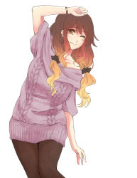Rule 34 | 1girl, alternate costume, aran sweater, black pantyhose, blonde hair, bow, cable knit, collarbone, contemporary, dress, fashion, fingernails, gradient hair, hair bow, hijiri byakuren, long hair, looking at viewer, mayoln, multicolored hair, nail polish, one eye closed, pantyhose, purple hair, simple background, smile, solo, sweater, sweater dress, touhou, watch, white background, wristwatch, yellow eyes