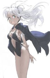 Rule 34 | 1girl, arms behind back, black cape, breasts, cape, cleavage, feet out of frame, floating hair, green eyes, highres, hirooka masaki, navel, one-piece swimsuit, open mouth, original, simple background, smile, solo, swimsuit, swimsuit under clothes, white background