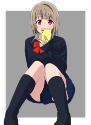 Rule 34 | 1girl, black footwear, black socks, black sweater, blue skirt, border, bow, bowtie, breasts, cellphone, commentary, covering own mouth, grey background, hand up, highres, holding, holding phone, kneehighs, kousuke0912, legs, light blush, light brown hair, long sleeves, looking at viewer, love live!, love live! nijigasaki high school idol club, nakasu kasumi, on floor, phone, pink eyes, red bow, red bowtie, shirt, shoes, short hair, sitting, skirt, sleeves past wrists, small breasts, smartphone, socks, solo, sweater, thighs, white border, white shirt