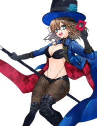 Rule 34 | 1girl, ameshiki, bikini, black bikini, black gloves, black hat, blue coat, braid, breasts, brown hair, brown pantyhose, card, charlotte corday (fate), charlotte corday (swimsuit caster) (fate), charlotte corday (swimsuit caster) (third ascension) (fate), coat, elbow gloves, fate/grand order, fate (series), glasses, gloves, green eyes, hat, highres, jewelry, large breasts, long sleeves, looking at viewer, navel, necklace, open clothes, open coat, open mouth, pantyhose, short hair, side braid, smile, solo, swimsuit, thighs, top hat, wand
