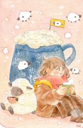Rule 34 | 1girl, animal, arched bangs, blush, brown coat, brown eyes, brown footwear, brown hair, coat, cup, highres, holding, holding cup, long hair, long sleeves, oniheya 53, open mouth, original, oversized object, painting (medium), red scarf, scarf, sheep, solo, traditional media, watercolor (medium)