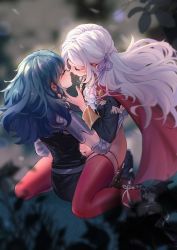 Rule 34 | 2girls, absurdres, after kiss, aiguillette, armor, black footwear, black jacket, blue hair, blurry, bottomless, byleth (female) (fire emblem), byleth (fire emblem), cape, chinese commentary, closed eyes, commentary request, depth of field, edelgard von hresvelg, facing another, fingering, fire emblem, fire emblem: three houses, fringe trim, from above, garreg mach monastery uniform, gauntlets, hair ribbon, half updo, high heels, highres, jacket, leaf, lens flare, long hair, multiple girls, nintendo, outdoors, pauldrons, pink hair, red cape, red legwear, ribbon, saliva, saliva trail, san xun san ye, second-party source, shoulder armor, sitting, sitting on lap, sitting on person, thighhighs, yuri