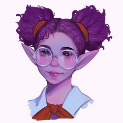 Rule 34 | 1girl, brown eyes, colored skin, commentary, double bun, evelyn, glasses, hair bun, highres, jina (palia), looking at viewer, palia, pointy ears, portrait, purple hair, purple skin, round eyewear, simple background, smile, solo, white-framed eyewear, white background
