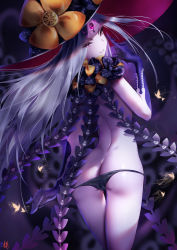 Rule 34 | 1girl, abigail williams (fate), abigail williams (third ascension) (fate), ass, back, bare back, black bow, black gloves, black hat, black panties, bow, breasts, butt crack, elbow gloves, fate/grand order, fate (series), finger to mouth, forehead, from behind, gloves, glowing, glowing eye, hat, highres, index finger raised, keyhole, long hair, looking back, lowleg, lowleg panties, multiple bows, nolmo, orange bow, pale skin, panties, panty pull, parted bangs, polka dot, polka dot bow, pulled by self, red eyes, revision, silver hair, smile, solo, thigh gap, thighs, third eye, topless, underwear, very long hair, witch hat