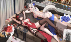Rule 34 | 2girls, absurdres, alcohol, animal ears, arknights, arms up, ass, back, barefoot, black hair, black thighhighs, blue dress, bottle, breasts, cameltoe, couch, cup, dress, drinking glass, flower, food, hair ornament, hairclip, highres, holding, holding cup, indoors, lappland (arknights), large breasts, lying, multiple girls, open mouth, panties, pillow, pocky, qinshishizhang, red dress, scar, scar across eye, sideboob, smile, soles, texas (arknights), thighhighs, thighs, toes, underwear, white hair, white panties, white thighhighs, wine, wine bottle, wine glass, wolf ears, wolf girl