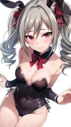 Rule 34 | 1girl, absurdres, animal ears, bare shoulders, black leotard, blush, bow, breasts, cleavage, detached collar, detached sleeves, drill hair, fake animal ears, grey hair, groin, hair bow, highleg, highleg leotard, highres, idolmaster, idolmaster cinderella girls, kanzaki ranko, leotard, long hair, medium breasts, playboy bunny, popon ta, rabbit ears, red bow, red eyes, solo, thighs, twin drills, twintails