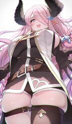 Rule 34 | 1girl, black gloves, blue eyes, blush, braid, breasts, curvy, draph, from below, gloves, granblue fantasy, hair ornament, hair over one eye, highres, horns, kashu (hizake), large breasts, long hair, looking at viewer, looking down, narmaya (granblue fantasy), open mouth, outstretched arms, pointy ears, purple hair, sideboob, skindentation, smile, solo, thick thighs, thigh strap, thighhighs, thighs, very long hair, wide hips