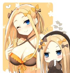 Rule 34 | 2girls, abigail williams (fate), aged up, bare shoulders, bikini, black bikini, black bow, black dress, black headwear, blonde hair, blue eyes, blush, bow, breasts, chibi, cleavage, closed mouth, collarbone, dress, dual persona, fate/grand order, fate (series), forehead, hair bow, hat, kujiran, large breasts, long hair, looking at viewer, looking to the side, multiple girls, multiple hair bows, one eye closed, orange bikini, orange bow, parted bangs, polka dot, polka dot bow, ribbed dress, sleeves past fingers, sleeves past wrists, small breasts, smile, swimsuit