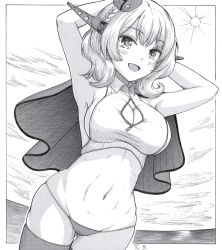 Rule 34 | 1girl, absurdres, arms behind head, bikini, braid, breasts, cleavage, cleavage cutout, clothing cutout, colorado (kancolle), dated, greyscale, h2 (h20000000), headgear, highres, horizon, kantai collection, large breasts, monochrome, navel, ocean, signature, solo, sun, swimsuit, thighhighs, tilted headwear