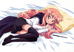 Rule 34 | 00s, 1girl, absurdres, bed sheet, black thighhighs, blouse, cape, feet, fujii masahiro, highres, long hair, louise francoise le blanc de la valliere, lying, no shoes, official art, on side, pillow, pink eyes, pink hair, shirt, skirt, solo, thighhighs, wand, zero no tsukaima