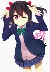 Rule 34 | 10s, 1girl, ;3, black hair, blazer, bow, cardigan, double m/, hair bow, highres, jacket, love live!, love live! school idol project, m/, mori burin, nico nico nii, one eye closed, open clothes, open jacket, red eyes, school uniform, skirt, smile, solo, twintails, white background, wink, yazawa nico