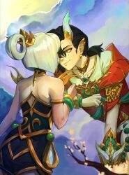 Rule 34 | 1boy, 1girl, absurdres, armlet, bare shoulders, black dress, black hair, bracelet, branch, closed mouth, cloud, collarbone, dress, earrings, eye contact, ezreal, facing another, hair between eyes, hair rings, hand up, heavenscale ezreal, highres, jewelry, league of legends, looking at another, lunar empress lux, lux (league of legends), official alternate costume, outdoors, shirt, smile, vogel (itsvogelart)