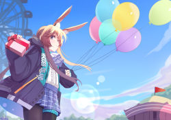 Rule 34 | 1girl, absurdres, amiya (arknights), animal ear fluff, animal ears, arknights, artist name, ascot, balloon, black pantyhose, blue eyes, blue sky, blurry, bokeh, brown hair, carnival, chinese commentary, closed mouth, cowboy shot, depth of field, ferris wheel, flag, gift, han mao ji moki, highres, holding, holding balloon, jacket, light frown, light particles, long bangs, long hair, looking at viewer, open clothes, open jacket, outdoors, pantyhose, pleated skirt, puffy sleeves, rabbit ears, rabbit girl, skirt, sky, solo