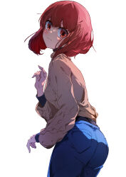 Rule 34 | 1girl, absurdres, arima kana, blue pants, blush, brown sweater, closed mouth, commentary, denim, highres, index finger raised, jeans, long sleeves, looking at viewer, looking back, oshi no ko, pants, red eyes, red hair, short hair, simple background, solo, sweater, t.k.c, turtleneck, turtleneck sweater, white background