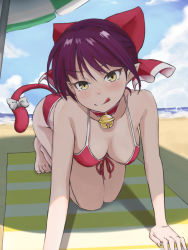 Rule 34 | &gt;:), 1girl, :q, all fours, barefoot, beach, beach towel, beach umbrella, bell, bikini, bow, breasts, cat tail, choker, day, gegege no kitarou, hair bow, looking at viewer, medium breasts, naughty face, neck bell, nekomusume, nekomusume (gegege no kitarou 6), ocean, outdoors, pointy ears, purple hair, red bikini, red bow, red choker, short hair, sky, solo, swimsuit, tail, tail bow, tail ornament, tongue, tongue out, towel, umbrella, v-shaped eyebrows, yellow eyes, yuuka (a0240765)
