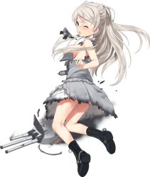 Rule 34 | 1girl, black footwear, blush, boots, breasts, brown eyes, conte di cavour (kancolle), conte di cavour nuovo (kancolle), dress, full body, grey hair, high heel boots, high heels, jiji (aardvark), kantai collection, large breasts, long hair, machinery, official art, one eye closed, open mouth, rigging, smoke, solo, torn clothes, torn dress, transparent background, turret, white dress