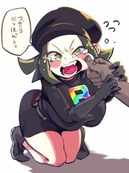 Rule 34 | 1girl, blush, breasts, cabbie hat, cheek pinching, creatures (company), disembodied hand, dress, full body, game freak, gloves, green eyes, green hair, hat, kneeling, large breasts, looking at viewer, nintendo, open mouth, pinching, pokemon, pokemon usum, pov, pov hands, sakurai energy, solo focus, speech bubble, team rainbow rocket, team rainbow rocket grunt, team rainbow rocket uniform, team rocket, tears, text focus, translated, wavy mouth