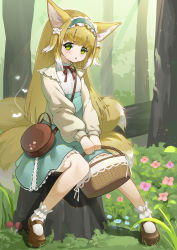 Rule 34 | 1girl, :o, absurdres, animal ears, ankle cuffs, arknights, bag, basket, blonde hair, blue dress, blue flower, blue hairband, blush, brown bag, brown footwear, cardigan, dress, fallen tree, flower, forest, fox ears, fox girl, fox tail, frilled hairband, frills, grass, green eyes, hairband, highres, holding, holding basket, long sleeves, looking at viewer, multicolored hair, nature, neck ribbon, official alternate costume, open cardigan, open clothes, outdoors, pink flower, red ribbon, ribbon, satchel, shoes, shoulder bag, shuijiaojun, sitting, socks, solo, streaked hair, suzuran (arknights), suzuran (spring praise) (arknights), tail, tree stump, white hair, white socks, yellow cardigan
