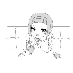 Rule 34 | 1girl, cellphone, collared shirt, commentary request, couch, cup, dress shirt, drink, drinking glass, forehead, greyscale, hairband, hands up, holding, kuro kosyou, long hair, long sleeves, looking at viewer, low ponytail, monochrome, on couch, open mouth, original, phone, ponytail, puffy long sleeves, puffy sleeves, shirt, simple background, sitting, solo, sweater, white background