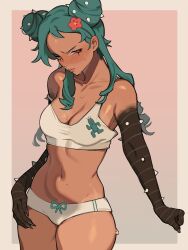 Rule 34 | 1girl, absurdres, black hands, blush, bra, breasts, clenched hand, closed mouth, colored extremities, commentary, cowboy shot, dark-skinned female, dark skin, double bun, english commentary, final fantasy, flower, green hair, hair bun, hair flower, hair ornament, head tilt, highres, long hair, looking at viewer, medium breasts, original, panties, pink background, porqueloin, rebi (porqueloin), red eyes, red flower, sabotender, simple background, solo, spikes, stomach, straight hair, strap slip, sweat, thighs, underwear, underwear only, white bra, white panties