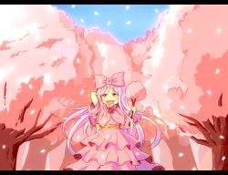 Rule 34 | 1girl, bow, cherry blossoms, dress, flower, hair bow, haru (kamamau), kamamau, large bow, letterboxed, long hair, open mouth, original, petals, pink dress, pink hair, solo, tree