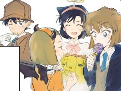 Rule 34 | 1boy, 3girls, astrayin, blush, bow, bowtie, brown hair, brown headwear, candy, closed mouth, commentary request, detective, eating, facing another, fake halo, fake horns, food, gloves, green eyes, haibara ai, hair between eyes, halo, holding, holding candy, holding food, holding lollipop, horns, kudou shin&#039;ichi, lollipop, looking at another, meitantei conan, mouri ran, multiple girls, orange shirt, profile, puffy short sleeves, puffy sleeves, shirt, short hair, short sleeves, simple background, smile, suzuki sonoko, white background, wings