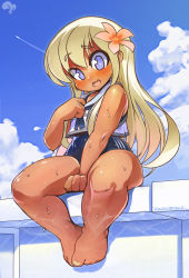 Rule 34 | arm between legs, bare legs, barefoot, blonde hair, blue eyes, blue sky, blush, cloud, colored skin, day, flower, hair flower, hair ornament, highres, kantai collection, krokobyaka, orange skin, poolside, ro-500 (kancolle), sitting, sky, solo, sweat, swimsuit, swimsuit under clothes, water