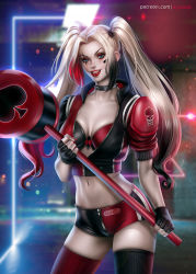 Rule 34 | 1girl, ayya sap, dc comics, hammer, harley quinn, holding, holding hammer, multicolored hair, red lips, twintails