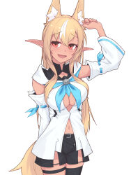 Rule 34 | 1girl, animal ears, belt, black shorts, black thighhighs, blonde hair, breasts, center opening, cosplay, detached sleeves, eihire, fox ears, fox girl, fox tail, highres, hololive, large breasts, long hair, looking at viewer, navel, orange eyes, pointy ears, shirakami fubuki, shirakami fubuki (1st costume), shirakami fubuki (cosplay), shiranui flare, shorts, single thighhigh, smile, solo, tail, thigh strap, thighhighs, virtual youtuber, white background