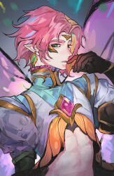 Rule 34 | 1boy, abs, absurdres, black gloves, crop top, earrings, ezreal, faerie court ezreal, finger to mouth, gloves, green eyes, highres, jewelry, league of legends, male focus, neri (neri23152939), pink hair, pointy ears, short hair, solo, thick eyebrows, upper body, wings