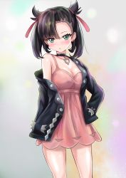 Rule 34 | 1girl, asymmetrical bangs, black choker, black hair, black jacket, blush, breasts, choker, cleavage, closed mouth, commentary request, creatures (company), dress, earrings, eyelashes, game freak, green eyes, hair ribbon, hand on own hip, highres, jacket, jewelry, long sleeves, looking at viewer, marnie (pokemon), medium breasts, nintendo, off shoulder, open clothes, pink dress, pokemon, pokemon swsh, r-binon, ribbon, solo