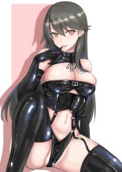 Rule 34 | 1girl, absurdres, bdsm, black gloves, black hair, black panties, black thighhighs, bondage outfit, breasts, cleavage, commentary, commission, corset, dominatrix, elbow gloves, feet out of frame, finger to mouth, garter straps, gloves, haruna (kancolle), highres, kantai collection, ken (shutenndouji1), large breasts, latex, latex gloves, latex legwear, latex panties, latex thighhighs, long hair, looking at viewer, navel, open mouth, orange eyes, panties, pixiv commission, simple background, sitting, solo, thighhighs, tongue, underwear, white background