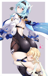 Rule 34 | 2girls, absurdres, ass, back, blonde hair, blue hair, breasts, curvy, eula (genshin impact), face in ass, genshin impact, hair ornament, head on ass, heart, highres, large breasts, long sleeves, looking back, lumine (genshin impact), mee don, multiple girls, shiny clothes, short hair, thick thighs, thigh worship, thighhighs, thighs, wide hips, yuri