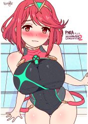 Rule 34 | 1girl, bare legs, blush, bob cut, border, breasts, brown eyes, hair ornament, large breasts, navel, nipples, nipples through clothes, one-piece swimsuit, outside border, pongldr, pool, poolside, pov, pyra (pro swimmer) (xenoblade), pyra (xenoblade), red hair, self-upload, short hair, simple background, smile, solo focus, swimsuit, thighs, tiara, white border, wide hips, xenoblade chronicles (series), xenoblade chronicles 2