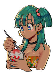 Rule 34 | 1girl, :o, absurdres, bare arms, beads, blue eyes, blue hair, blunt bangs, blush, breasts, bulma, choker, cleavage, closed mouth, cropped torso, dot mouth, dragon ball, dragon ball (classic), dragonball z, dress, drinking straw, earrings, floral print, food, hair bobbles, hair ornament, highres, holding, holding drinking straw, hoop earrings, ice cream, jewelry, long hair, medium breasts, okada (hoooojicha), shaved ice, simple background, solo, spoon, strapless, strapless dress, white background