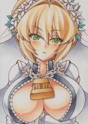 Rule 34 | 10s, 1girl, ahoge, blonde hair, blush, bodysuit, breast hold, breasts, bridal veil, chain, cleavage, fate/extra, fate/extra ccc, fate (series), flower, flower on head, green eyes, hair intakes, head wreath, large breasts, lock, marker (medium), mechanical pencil, millipen (medium), nero claudius (bride) (fate), nero claudius (fate), nero claudius (fate) (all), open mouth, pencil, short hair, simple background, slit pupils, solo, traditional media, uneven eyes, upper body, veil, white background, yutakasan-love