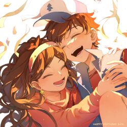 Rule 34 | 1boy, 1girl, 2021, :d, absurdres, ahoge, baseball cap, bill cipher, birthday, blush, brother and sister, brown hair, closed eyes, confetti, dipper pines, earrings, eden (eden871225), gravity falls, hairband, hand on another&#039;s shoulder, happy birthday, hat, highres, holding hands, hug, jewelry, knee up, long hair, mabel pines, open mouth, popped collar, shirt, short hair, siblings, smile, star (symbol), star earrings, sweater, t-shirt, twins, vest