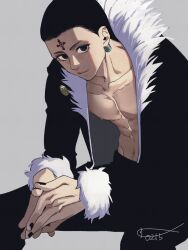Rule 34 | 1boy, abs, black coat, black eyes, black hair, black nails, black pants, chrollo lucilfer, closed mouth, coat, cross tattoo, dated, ear piercing, forehead tattoo, grey background, highres, hunter x hunter, jewelry, looking at viewer, male focus, nail polish, nipples, open clothes, open coat, own hands together, pants, piercing, shishanmo, signature, simple background, solo, tattoo, toned, toned male
