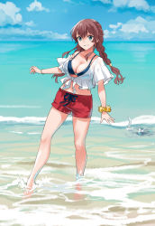 Rule 34 | 1girl, beach, bikini, bikini under clothes, blue bikini, blue sky, braid, breasts, brown hair, cleavage, cloud, cloudy sky, collarbone, day, enemy naval mine (kancolle), fugu custom, full body, green eyes, hair between eyes, highres, kantai collection, looking at viewer, medium breasts, noshiro (kancolle), ocean, official alternate costume, outdoors, revision, sand, shirt, shorts, sky, smile, solo, swept bangs, swimsuit, swimsuit under clothes, tentacles, tied shirt, twin braids, wading, water, white shirt